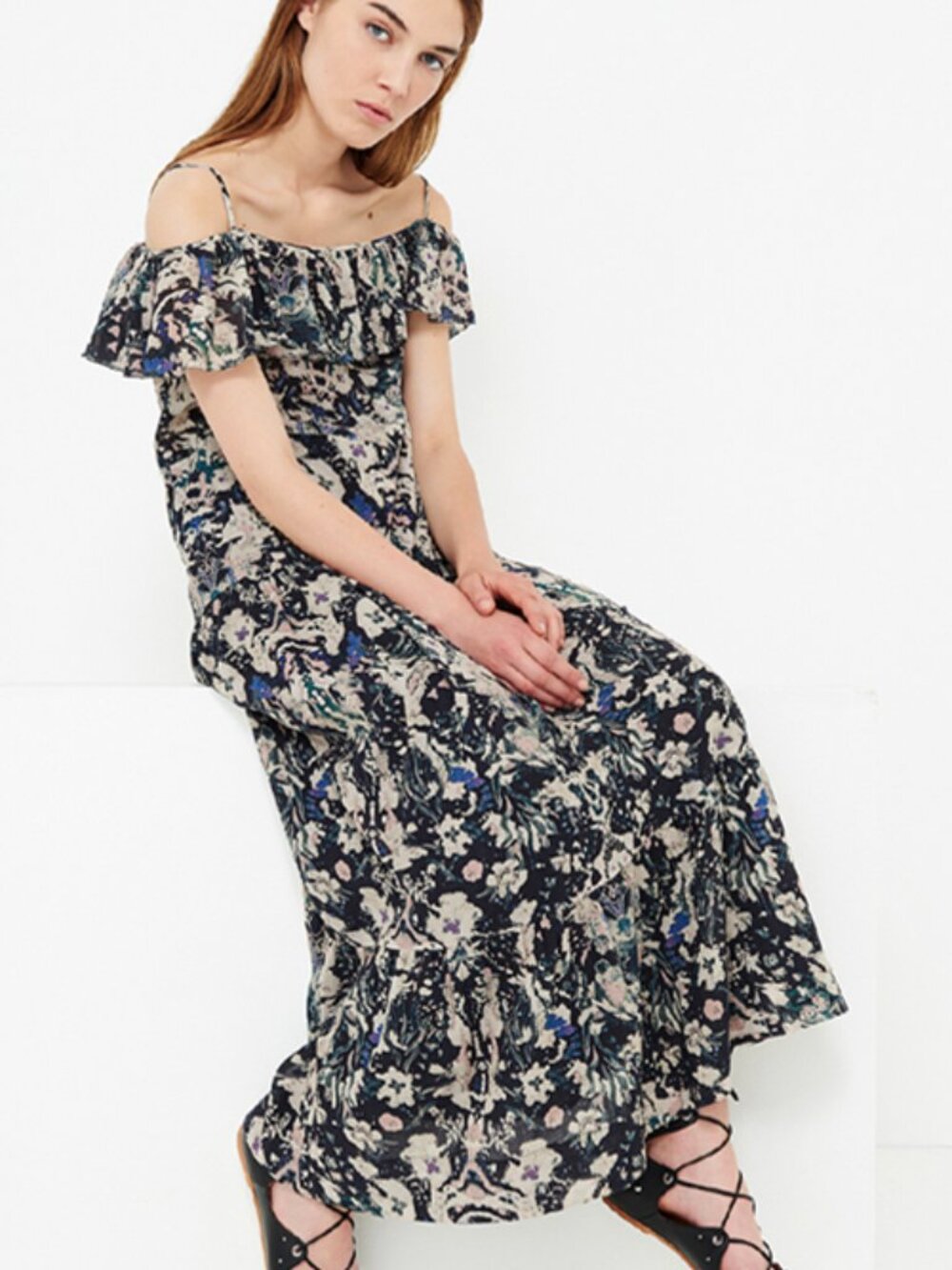 NWT $450 IRO Yonelia Beige Flower Print Off Shoulder Ruffle Long Maxi Dress 34